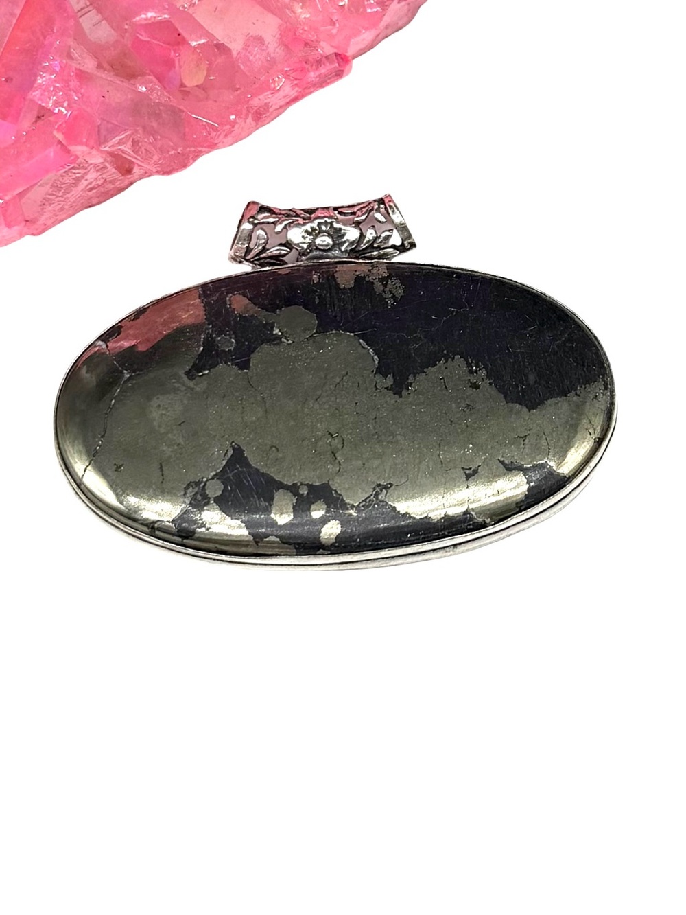 Pyrite Necklace Pendant 925 Sterling Silver Overlay